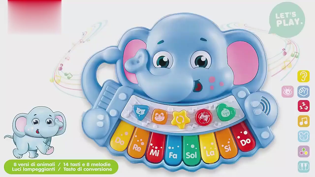 Încărcați videoclipul: Jucarie Interactiva Bebelusi, Pian Cu Lumini si Sunete, Elefant, Albastru, 20.5x16.5x5 cm