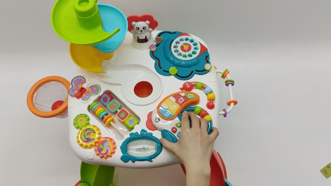 Încărcați videoclipul: Masuta Educativa Multifunctionala cu Pian, Bile, Sunete, Lumini, Jocuri si Jucarii pentru Dentitie