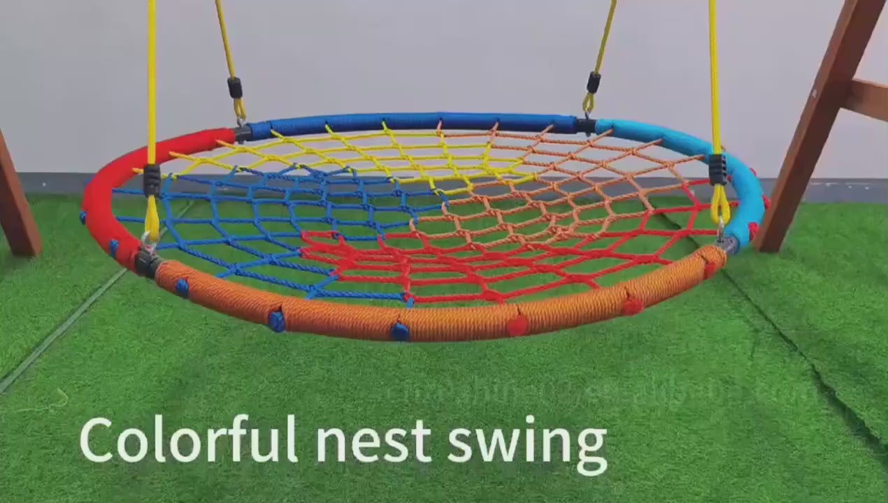 Încărcați videoclipul: Leagăn rotund tip cuib din frânghii pentru copii, 100 cm, reglabil 120–180 cm, cadru din oțel, max. 150 kg