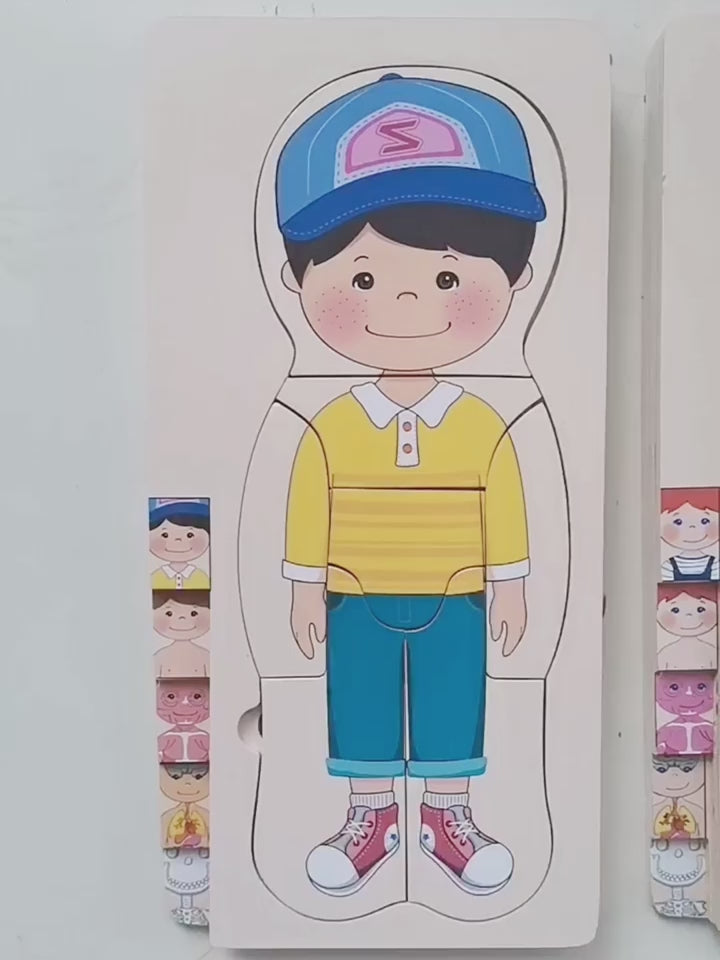 Încărcați videoclipul: Puzzle Corpul Uman – Baiat, 5 Straturi, 28 Piese din Lemn, 3+ Ani