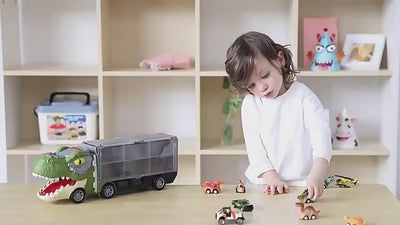 Camion Dinozaur Interactiv cu Lumini, Sunete si 6 Jucarii Pull-Back - Educatie