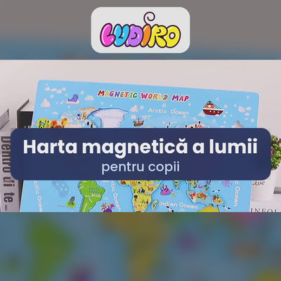 Video cu puzzle-ul magnetic hartă a lumii din lemn: piesele, steagurile de pe verso și cartonașele, cu text în română