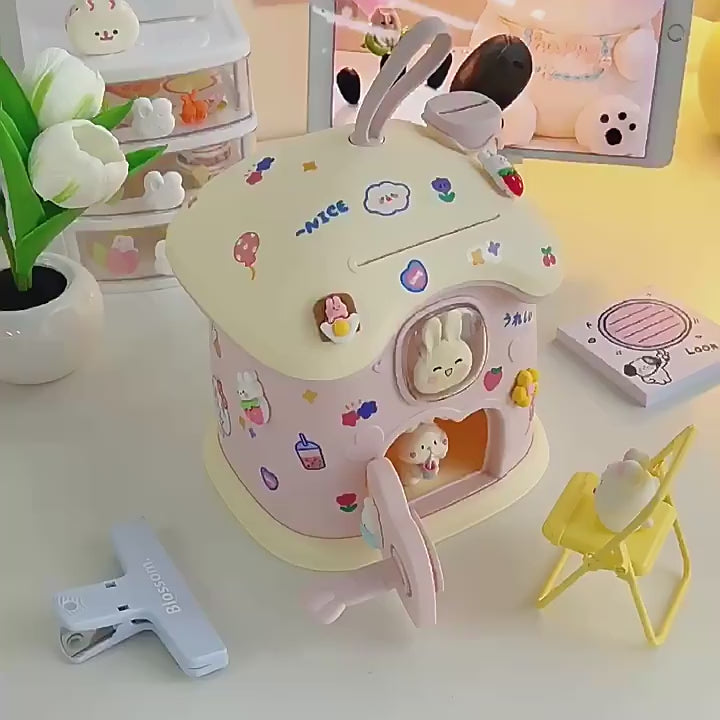 Încărcați videoclipul: Pusculita pentru Copii cu Cheie, Stickere de Personalizare Incluse, Iepuras, Forma Ciuperca, 20x18x15 Cm, Roz, + 3 Ani