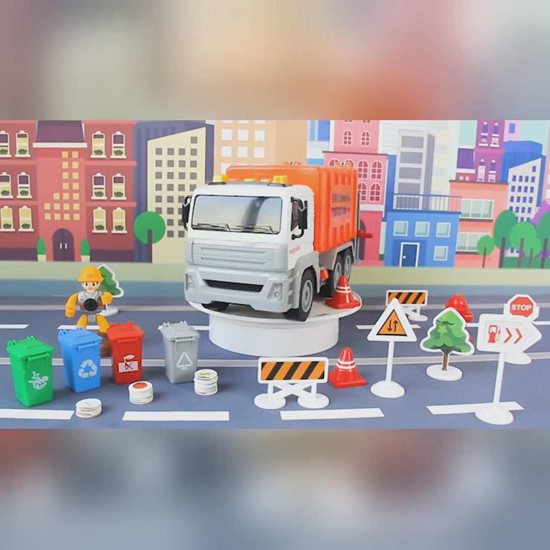 Încărcați videoclipul: Video cu camionul de gunoi: sortarea deșeurilor, golirea coșului, descărcarea containerului, lumini și sunete