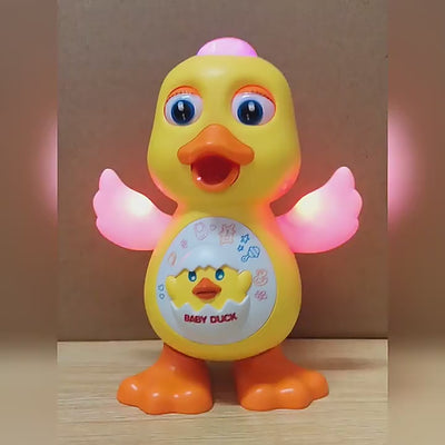 Rățușcă interactivă dansatoare LUDIRO, galbenă, cu muzică, lumini și aripi mobile, prezentare video.