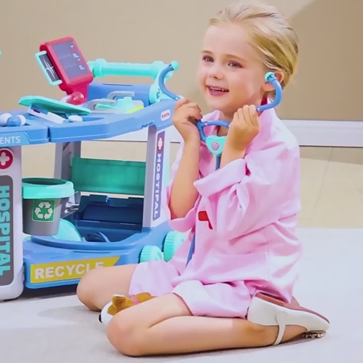 Încărcați videoclipul: Carucior Medical de Jucarie cu Defibrilator si Lumini Ludiro, Spital Mobil, Set Doctor cu 18 Piese