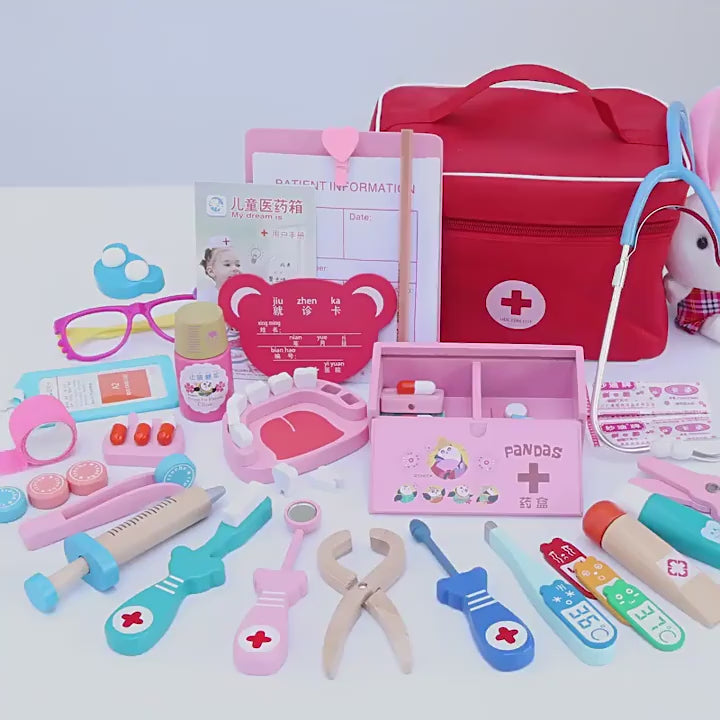 Încărcați videoclipul: Trusă medicală și de dentist pentru copii LUDIRO, accesorii din lemn, geantă roșie, 3+ ani