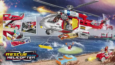 Elicopter Multifunctional cu Sunete si Lumini, Jucarie Interactiva Educativa cu Functii Realiste, Accesorii de Salvare si Lansator Masinute pentru Copii Imaginativi, 56x17x22 Cm, + 3 Ani