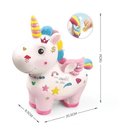 Pușculiță Unicorn – exemplu de decorare și dimensiuni 20,5 × 8,5 × 19 cm
