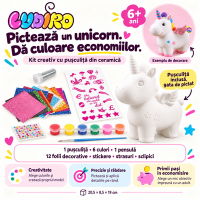 Pușculiță Unicorn de pictat LUDIRO – conținutul kitului, beneficii creative și exemplu de decorare, 6+ ani