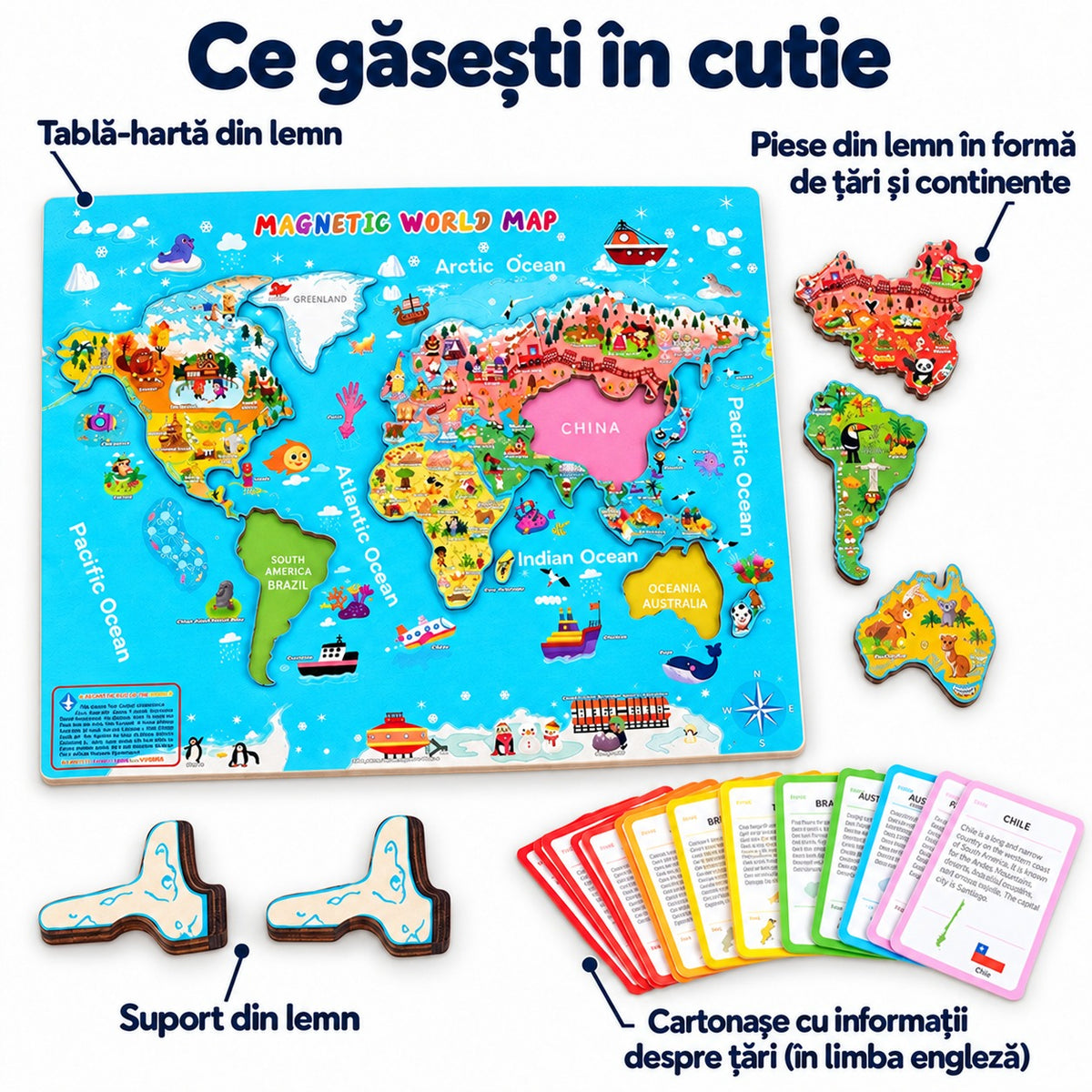 Infografic cu conținutul puzzle-ului: tablă-hartă din lemn, piese în formă de țări, suport și cartonașe