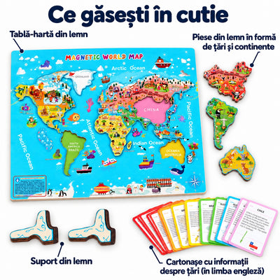 Infografic cu conținutul puzzle-ului: tablă-hartă din lemn, piese în formă de țări, suport și cartonașe