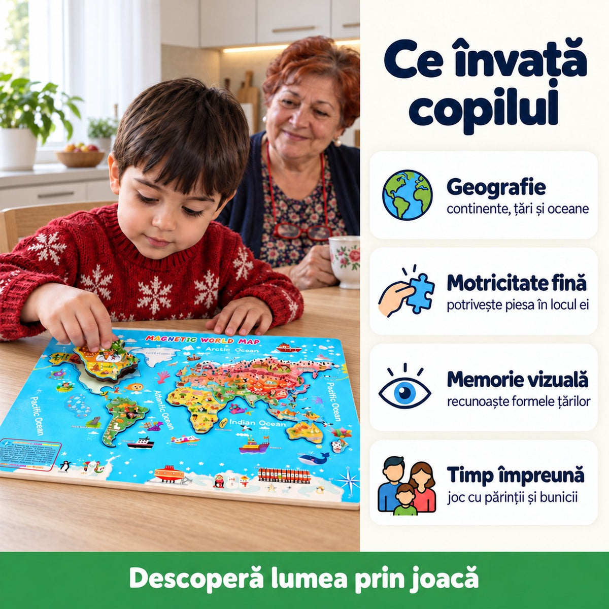 Băiat care potrivește o piesă pe harta lumii, cu ce învață: geografie, motricitate fină, memorie vizuală