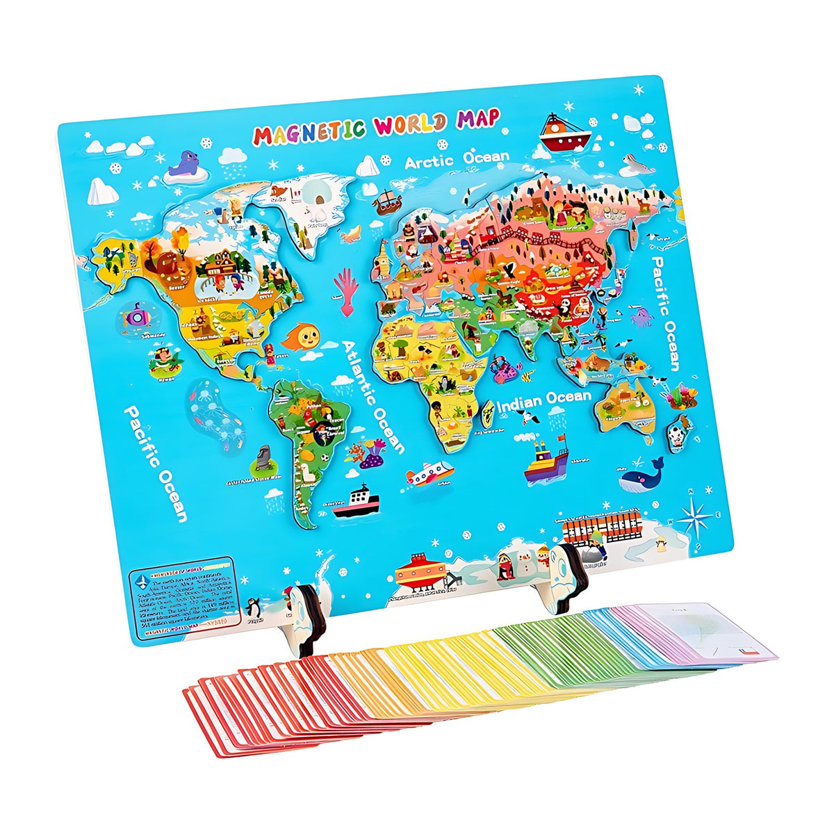 Puzzle magnetic hartă a lumii din lemn LUDIRO pe suport, cu cartonașele cu informații despre țări în față