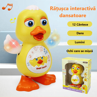 Rățușcă dansatoare LUDIRO și ambalajul modelului, cu prezentarea celor 12 cântece, a luminilor și a ochilor mobili.