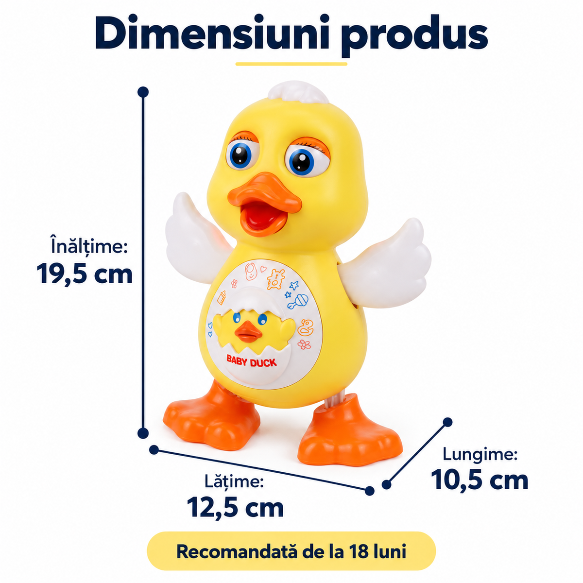 Dimensiunile rățuștii LUDIRO: 19,5 cm înălțime, 12,5 cm lățime și 10,5 cm lungime; recomandată de la 18 luni.