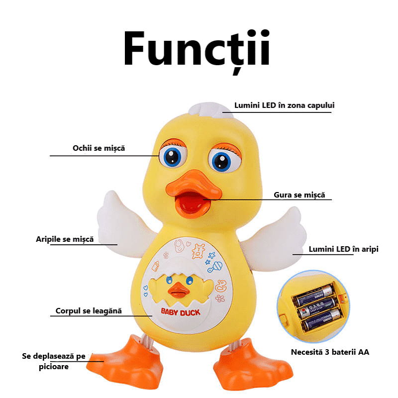 Funcțiile rățuștii LUDIRO: ochi, cioc și aripi mobile, balans, lumini LED și alimentare cu 3 baterii AA.