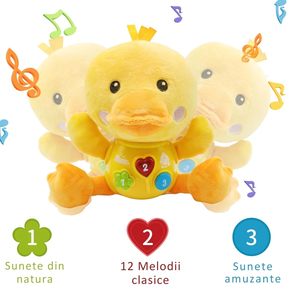 Cele trei comenzi ale rățușcii: sunete din natură, 12 melodii și efecte sonore.