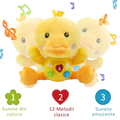 Cele trei comenzi ale rățușcii: sunete din natură, 12 melodii și efecte sonore.