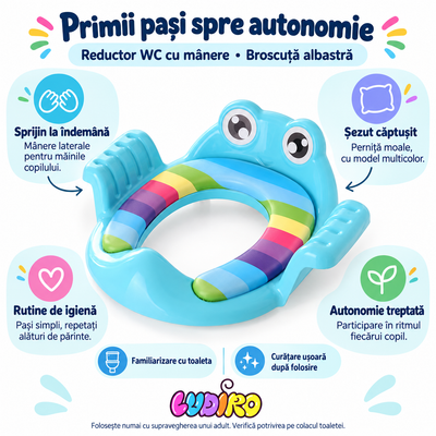 Reductor WC LUDIRO albastru cu șezut moale și mânere – autonomie, familiarizare cu toaleta și rutina de igienă