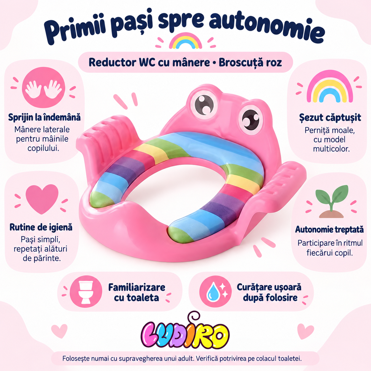 Reductor WC LUDIRO roz cu șezut moale și mânere – autonomie, familiarizare cu toaleta și rutina de igienă