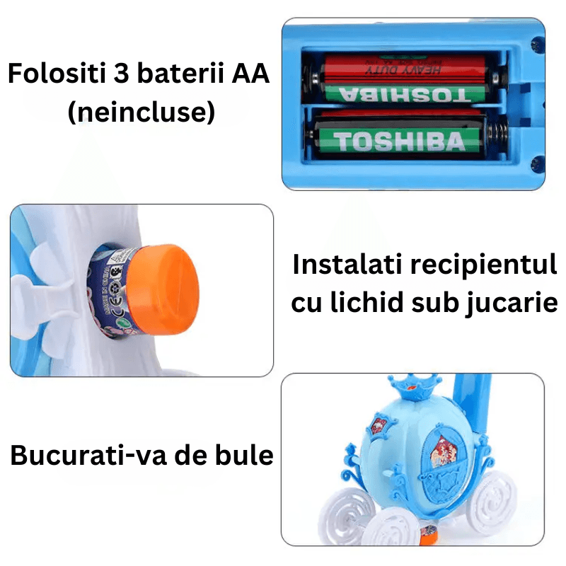 Montarea celor 3 baterii AA neincluse și a recipientului pentru soluție sub caleașca albastră LUDIRO.