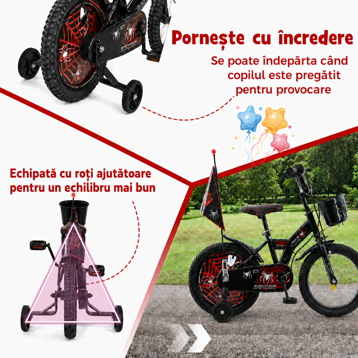 Bicicletă copii 14 inch LUDIRO Spider Net, negru-roșu, cu cască, steag, roți ajutătoare și coș frontal, 3-6 ani - LUDIRO