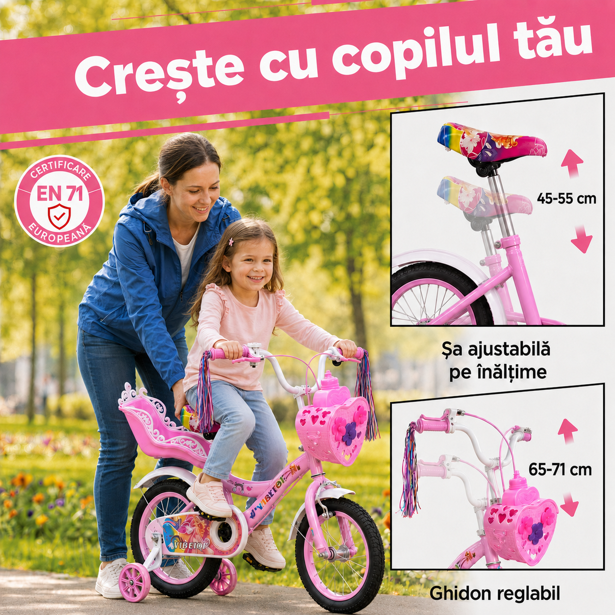 Șa reglabilă 45–55 cm și ghidon reglabil 65–71 cm la bicicleta LUDIRO