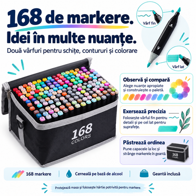Set de 168 markere cu alcool – două vârfuri, compararea nuanțelor, exersarea preciziei și organizarea în geantă