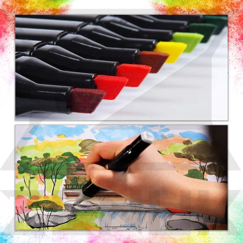 Markere cu vârf lat pentru colorarea suprafețelor și exemplu de desen pe hârtie