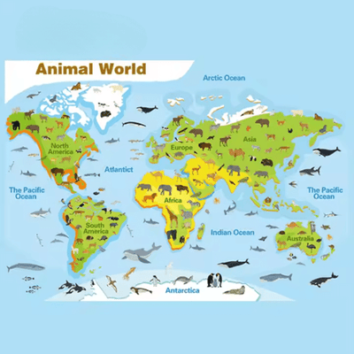 Poster Animal World cu harta lumii și animale ilustrate, inclus în setul LUDIRO.