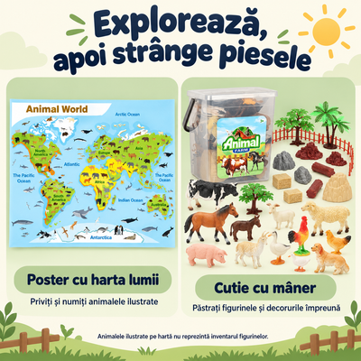 Infografic despre posterul cu harta lumii și cutia cu mâner pentru păstrarea figurinelor și decorurilor de fermă.