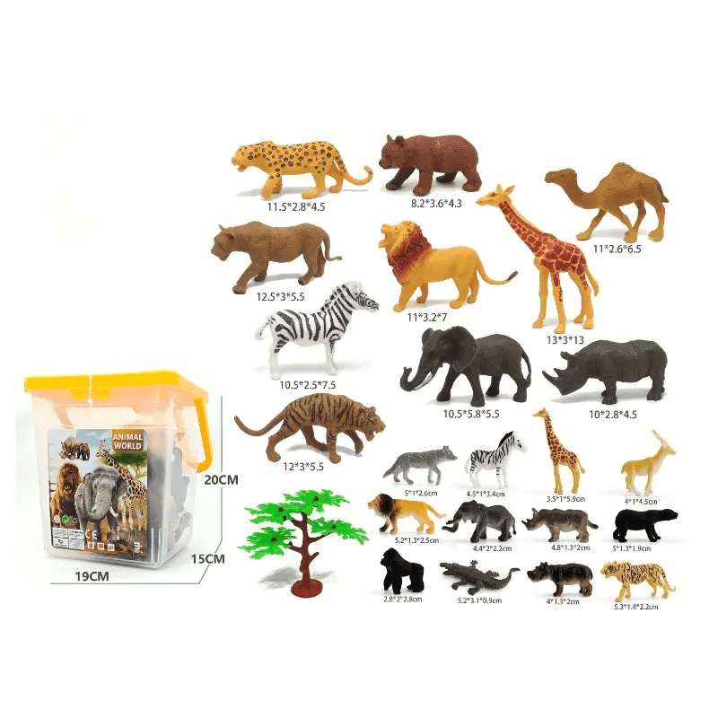 Figurinele de animale sălbatice și copacul LUDIRO, alături de cutia transparentă cu capac galben.