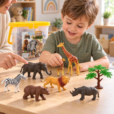 Copil de peste 3 ani care se joacă alături de un adult cu figurine de animale sălbatice LUDIRO.