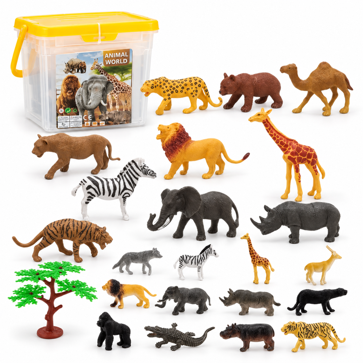 Set complet de animale sălbatice LUDIRO: 22 de figurine, un copac și cutie cu capac și mâner galben.