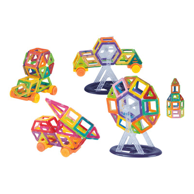 Set de construcție magnetic LUDIRO cu 86 de piese: roată panoramică, mașinuțe și turn, pe fundal alb