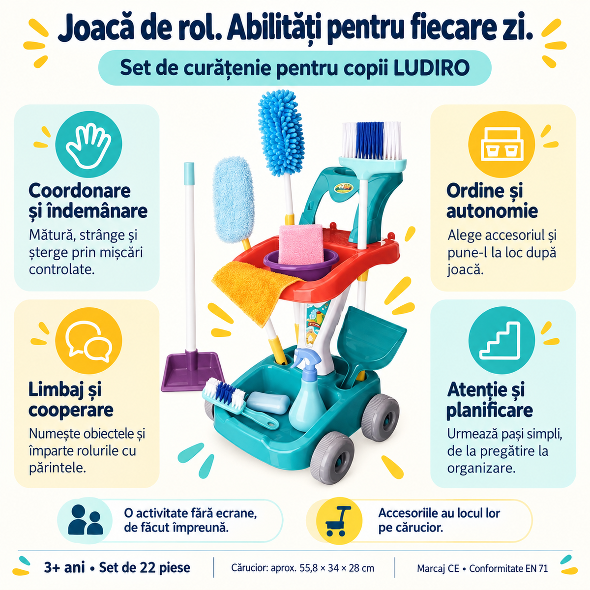 Set de curățenie pentru copii LUDIRO, 22 piese: coordonare, autonomie, limbaj și cooperare prin joc de rol, 3+ ani