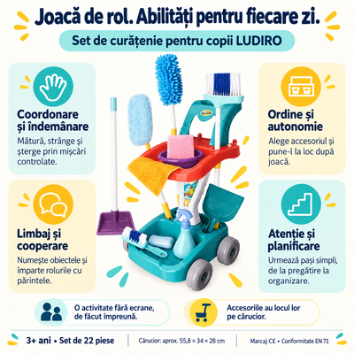 Set de curățenie pentru copii LUDIRO, 22 piese: coordonare, autonomie, limbaj și cooperare prin joc de rol, 3+ ani