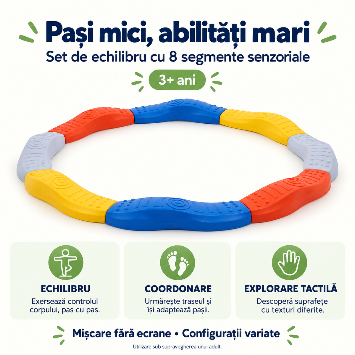 Set de echilibru cu opt segmente colorate și beneficii educative: echilibru, coordonare și explorare tactilă, de la 3 ani.
