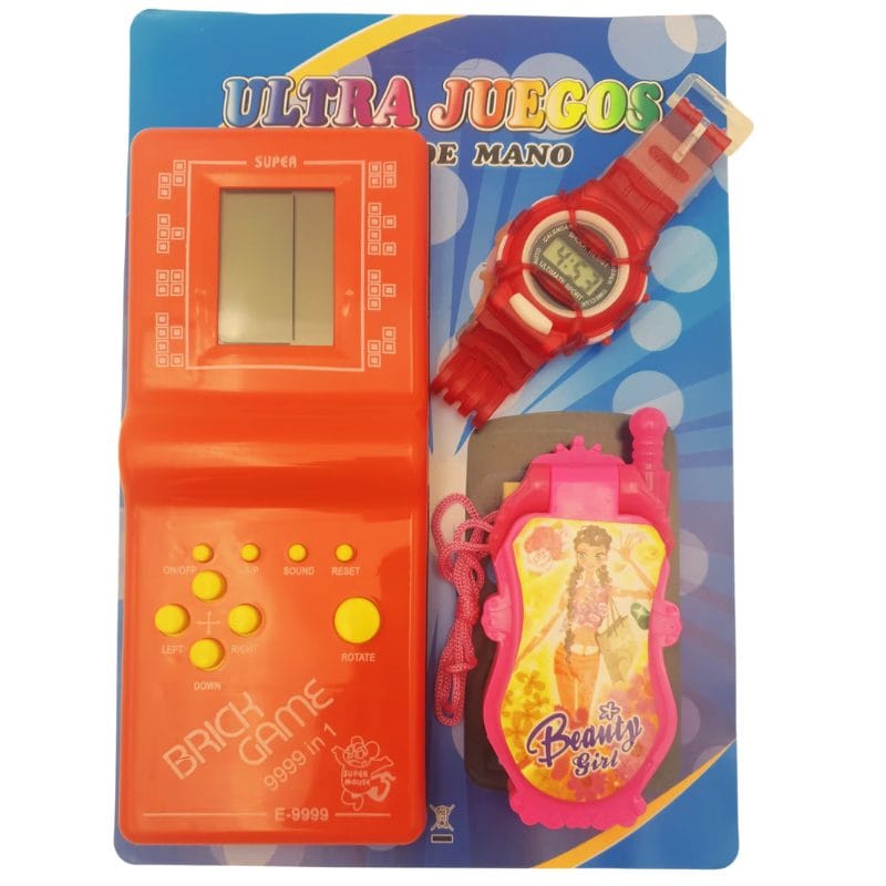 Set în ambalaj cu joc electronic, telefon de jucărie roz și ceas digital roșu