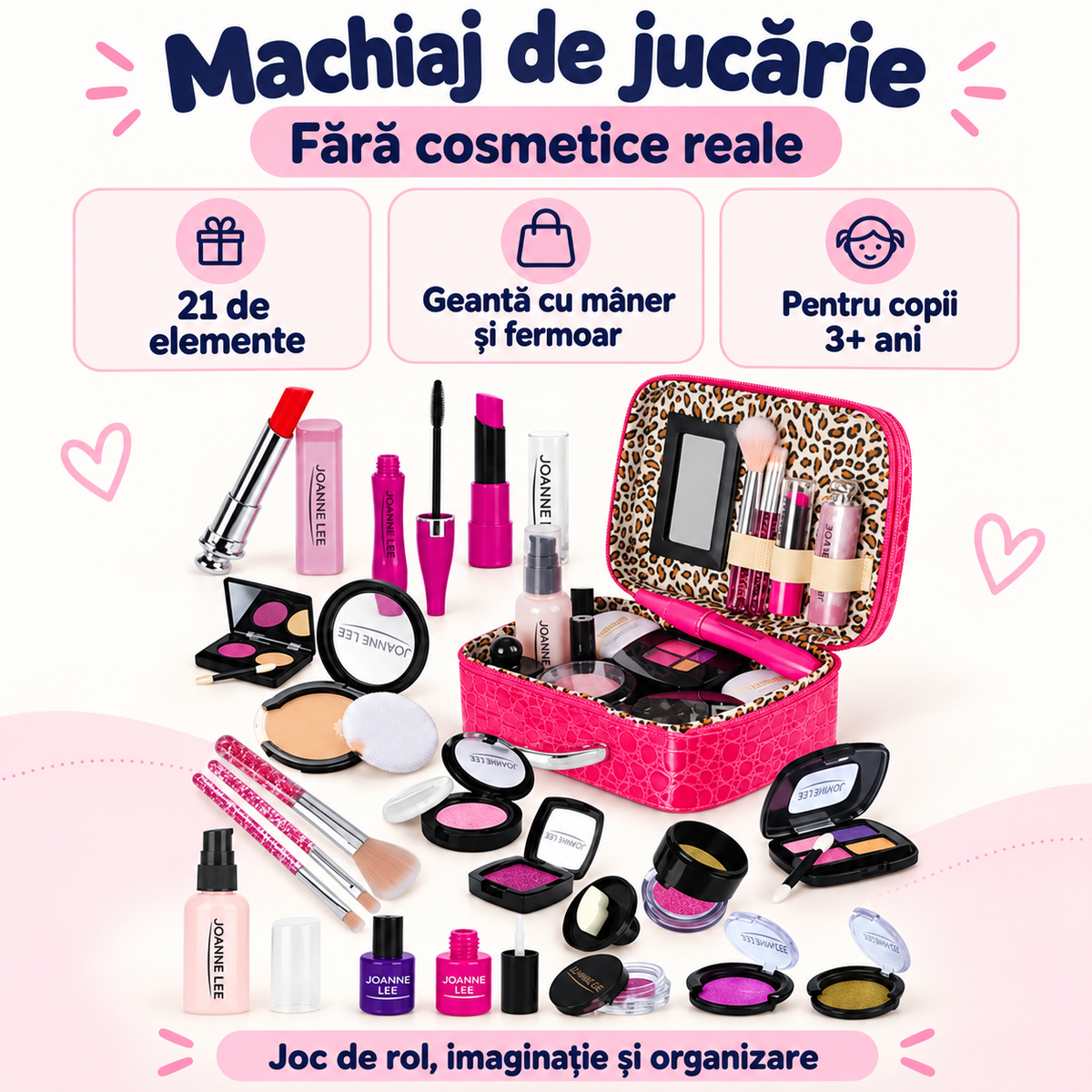 Infografic: set de machiaj de jucărie fără cosmetice reale, 21 de elemente, geantă cu mâner și fermoar, pentru copii de la 3 ani.