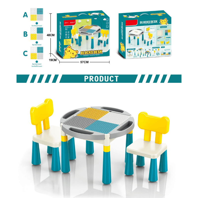 Resigilat - Set Masuta de Activitati pentru Copii cu 2 Scaune incluse, Design Ergonomic si Sigur, Compatibila cu Blocuri Mari de Constructie, Perfect pentru Dezvoltarea Creativitatii, Coordonarii si Invatarii prin Joaca, Ideal pentru Camera de Joaca - LUDIRO
