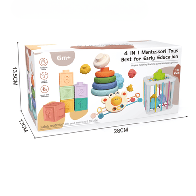 Dimensiunile ambalajului setului Montessori: 28 × 13,5 × 12 cm