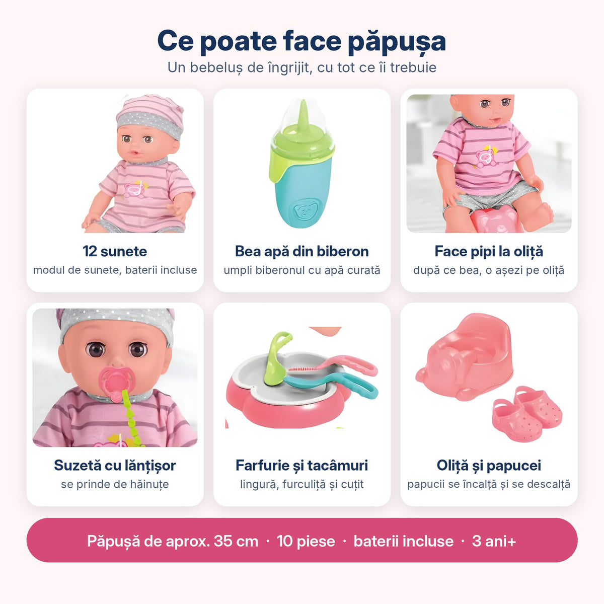 Infografic: păpușa scoate 12 sunete, bea apă din biberon, face pipi la oliță și are suzetă cu lănțișor