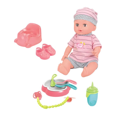 Păpușă bebeluș LUDIRO cu accesorii: oliță, papucei, farfurie, tacâmuri, suzetă și biberon, pe fundal alb