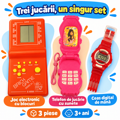 Set de trei jucării cu joc electronic cu blocuri, telefon roz cu sunete și ceas digital roșu, pentru copii de la 3 ani