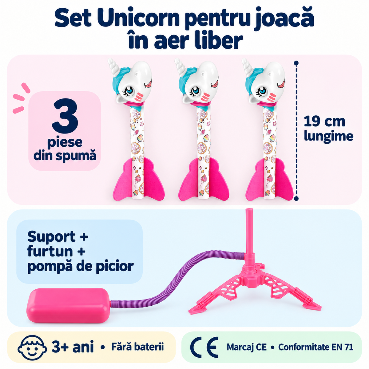 Conținutul setului Unicorn: trei piese din spumă de 19 cm și sistem cu pompă de picior