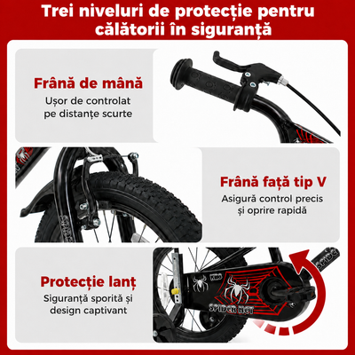Bicicletă copii 14 inch LUDIRO Spider Net, negru-roșu, cu cască, steag, roți ajutătoare și coș frontal, 3-6 ani - LUDIRO