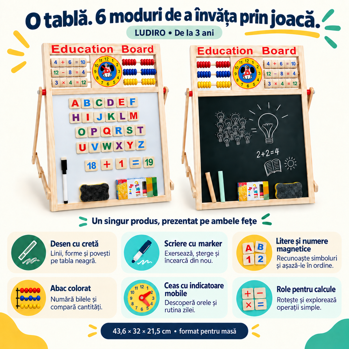 Cele 6 activități ale tablei educative LUDIRO: desen, scriere, magneți, abac, ceas și calcule, 3+ ani
