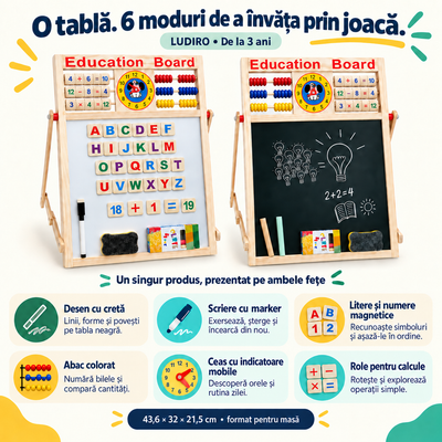 Cele 6 activități ale tablei educative LUDIRO: desen, scriere, magneți, abac, ceas și calcule, 3+ ani